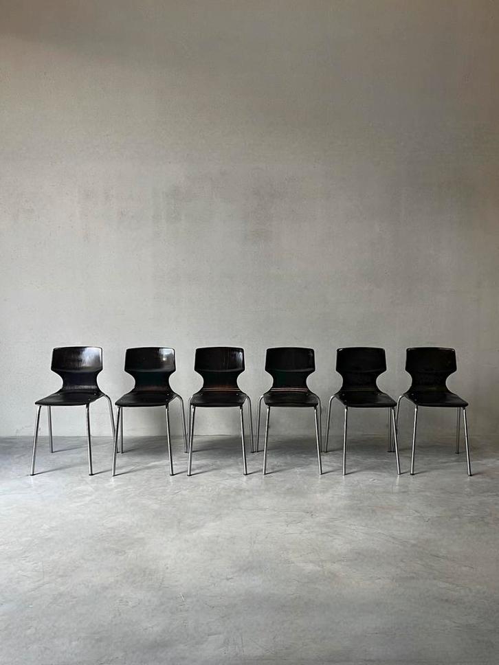 Vintage hout + chroom Pagholz stoelen, set van 6, Huis en Inrichting, Stoelen, Zo goed als nieuw, Hout, Bruin, Ophalen of Verzenden
