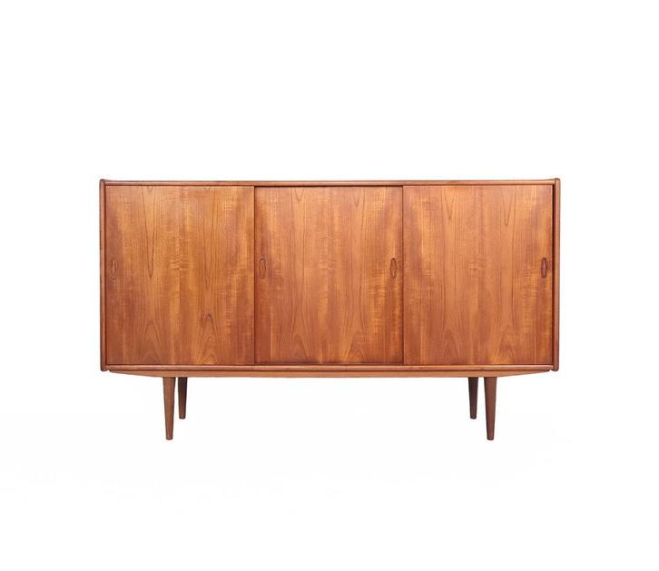 Deens design teak highboard met schuifdeuren, 1960s, Huis en Inrichting, Kasten | Dressoirs, Gebruikt, 150 tot 200 cm, 25 tot 50 cm