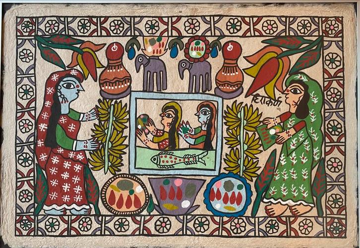 Oud Hindoe, Madhubani schilderij. Op perkament. 48x33 cm, Antiek en Kunst, Kunst | Schilderijen | Klassiek, Ophalen of Verzenden