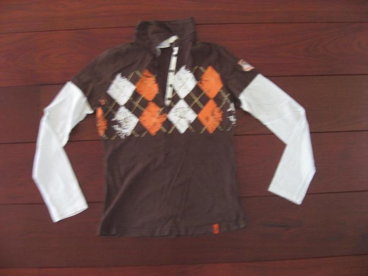 leuke bruine longsleeve/polo met kraag, argyleprint , mt S/M, Kleding | Dames, Tops, Zo goed als nieuw, Maat 36 (S), Bruin, Lange mouw