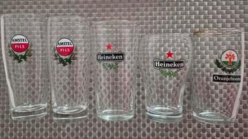 5 bierglazen: 2x Heineken, 2x Amstel pils en 1x Oranjeboom beschikbaar voor biedingen