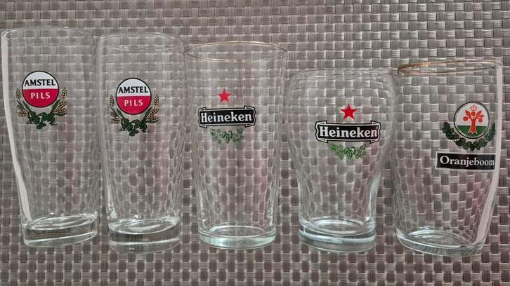 5 bierglazen: 2x Heineken, 2x Amstel pils en 1x Oranjeboom, Verzamelen, Biermerken, Zo goed als nieuw, Glas of Glazen, Overige merken