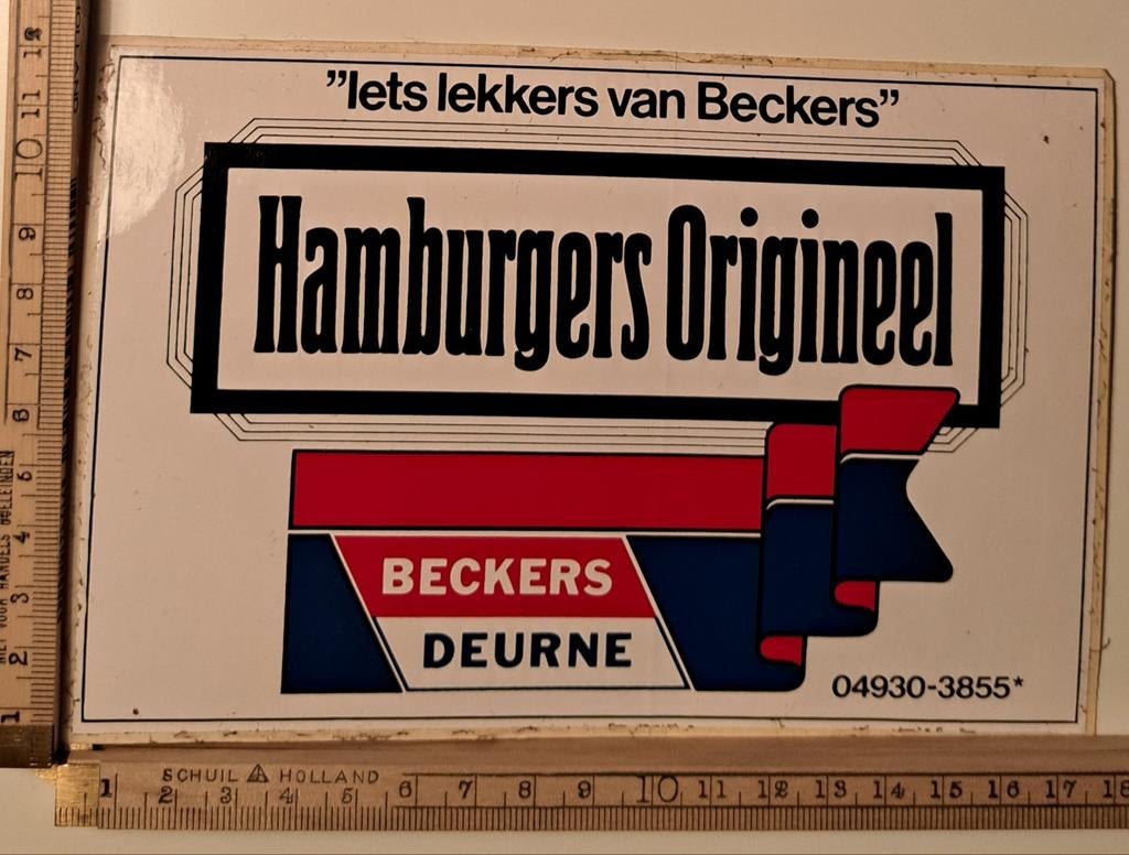 Vintage sticker Hamburgers origineel lekkers van Beckers hor, Ophalen of Verzenden, Zo goed als nieuw, Overige typen