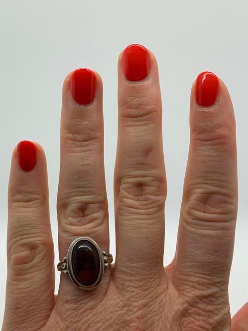 X374 Prachtige zilveren ring barnsteen maat 17,25, Sieraden, Tassen en Uiterlijk, Antieke sieraden, Ring, Zilver, Met edelsteen