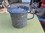 Emaille melkkan met deksel, po grijs gewolkt en lepels blauw, Ophalen of Verzenden