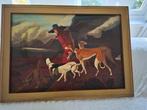Soort schilderij. Jachttafereel. Jager met honden.110 x 82, Ophalen of Verzenden, 100 tot 125 cm, Schilderij, 75 cm of meer