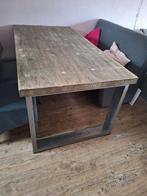 6 tot 8 persoons massief houten eettafel met metalen U poten, Ophalen, Gebruikt, 50 tot 100 cm, Landelijk