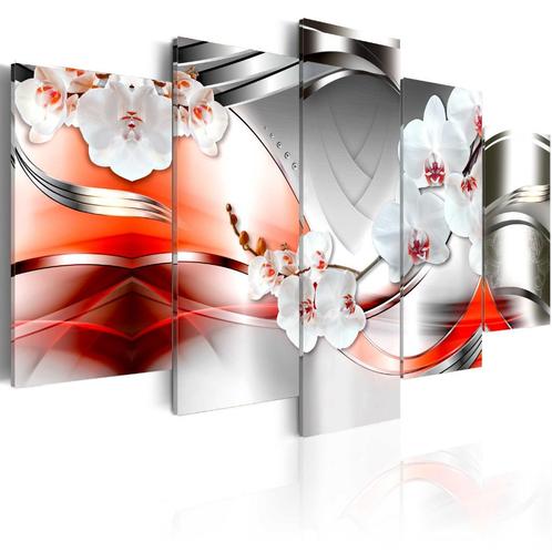 39 Grijs Rood Orchidee XXL 5 Luik Canvas Schilderij 200x100, Huis en Inrichting, Woonaccessoires | Schilderijen, Tekeningen en Foto's
