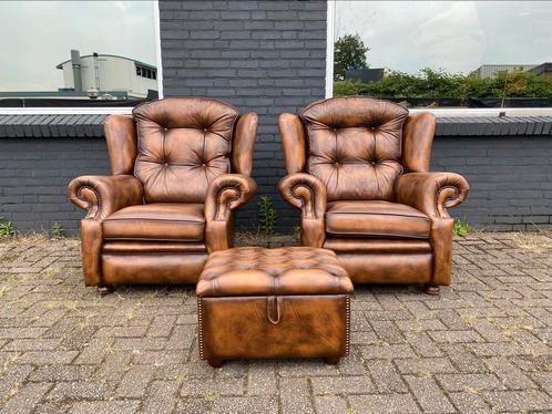 Twee Springvale Chesterfield fauteuils bruin GRATIS BEZORGD, Huis en Inrichting, Fauteuils, Gebruikt, Leer, 75 tot 100 cm, Ophalen of Verzenden