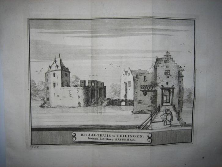 53/ Sassenheim Jachtslot Teylingen Kopergravure 1736, Antiek en Kunst, Kunst | Etsen en Gravures, Ophalen of Verzenden