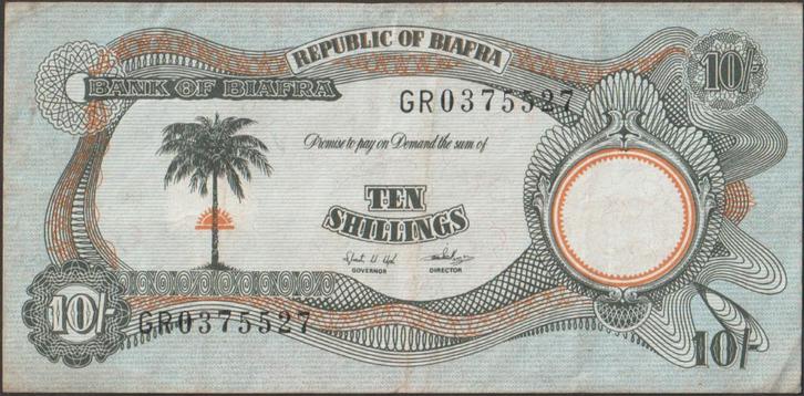 Biafra 10 shillings ND(1969) gebruikt p.4 (nr 59), Postzegels en Munten, Bankbiljetten | Afrika, Los biljet, Overige landen, Verzenden