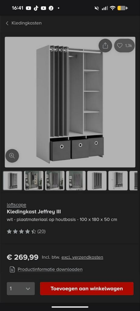 Kledingkast Jeffrey III - Wit - 100x180x50cm, Huis en Inrichting, Kasten | Kledingkasten, Nieuw, 150 tot 200 cm, 50 tot 100 cm