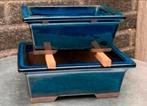 Bonsai schalen set (2) blauw Japans aardewerk 15,5x12,4x5,4, Nieuw, Ophalen of Verzenden, Aardewerk, Rechthoekig