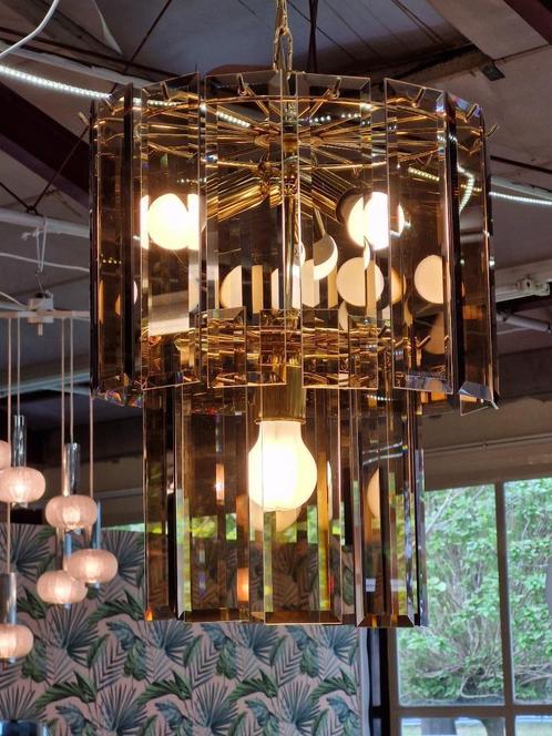 Vintage messing rookglas kroonluchter jaren 70, Huis en Inrichting, Lampen | Kroonluchters, Glas, Ophalen