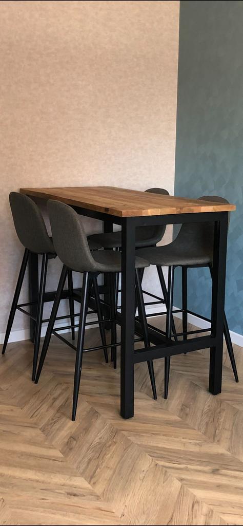 Industriële bartafel met 4 krukken grijs stof, Huis en Inrichting, Barren, Zo goed als nieuw, Ophalen