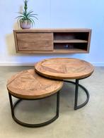 Salontafel set van 2 stuks met teakhout ingelegd blad, 50 tot 100 cm, Minder dan 50 cm, Nieuw, Industrieel