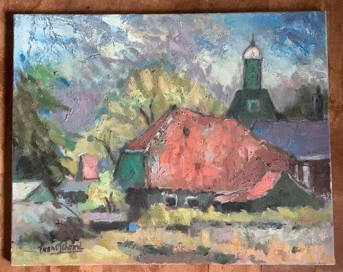 Frans Schoorl, schilderij, landschap, boederij, kerk, bomen, Antiek en Kunst, Kunst | Schilderijen | Klassiek, Ophalen of Verzenden