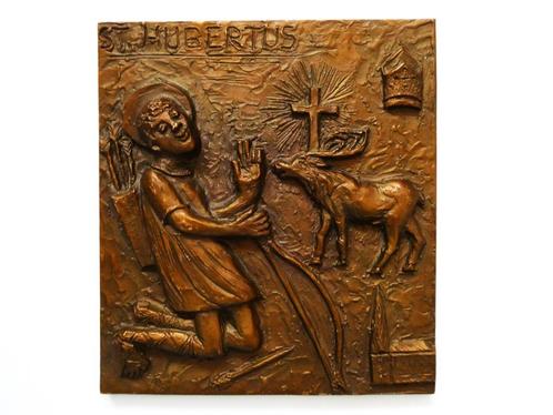 Grote bronzen plaquette van St. Hubertus met hert, Antiek en Kunst, Antiek | Religie, Ophalen of Verzenden
