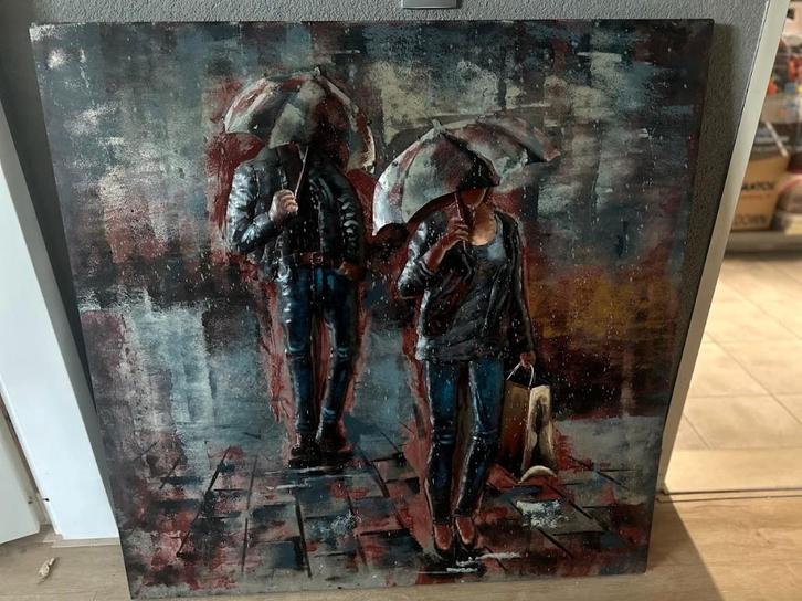 Metalen schilderij "Mensen met Paraplu", Antiek en Kunst, Kunst | Schilderijen | Modern, Ophalen