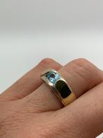 V166 Prachtige zilveren bicolor ring aquamarijn maat 19, Sieraden, Tassen en Uiterlijk, Ringen, 19 tot 20, Ophalen of Verzenden