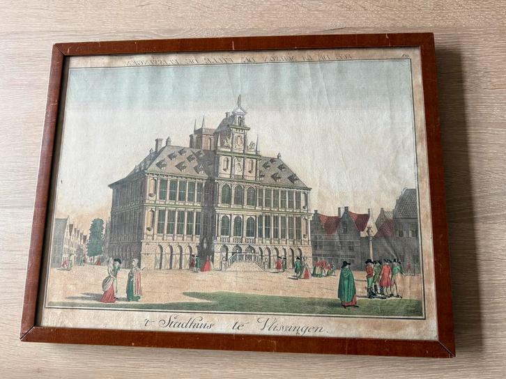 Optica Prent Stadhuis Vlissingen, ca. 1740, #3/100, Antiek en Kunst, Kunst | Etsen en Gravures, Ophalen of Verzenden