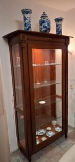 Antieke Art Deco hardhouten vitrinekast met verlichting, Ophalen, Met plank(en), Glas, 50 tot 100 cm