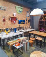 Upcycling tafels lampen handmade sloophout wijnkist 2cv, Huis en Inrichting, Ophalen of Verzenden, Rond, 50 tot 100 cm