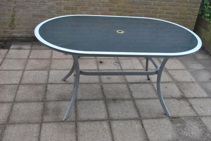 Tuintafel, glas aluminium, ovaal, lengte 150 cm, Tuin en Terras, Tuintafels, Gebruikt, Ovaal, Aluminium, Ophalen