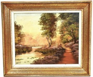 Hollandse School (XX) - Bosweg en rivier met brug Olieverf o beschikbaar voor biedingen