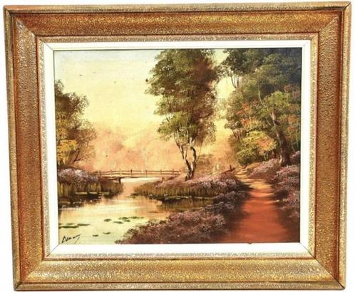 Hollandse School (XX) - Bosweg en rivier met brug Olieverf o, Antiek en Kunst, Kunst | Schilderijen | Klassiek, Ophalen of Verzenden