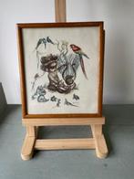 Vintage lijstje afbeelding Indiaantje met dieren oa papegaai, Ophalen, Zo goed als nieuw