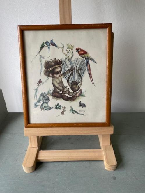 Vintage lijstje afbeelding Indiaantje met dieren oa papegaai, Huis en Inrichting, Woonaccessoires | Wanddecoraties, Zo goed als nieuw