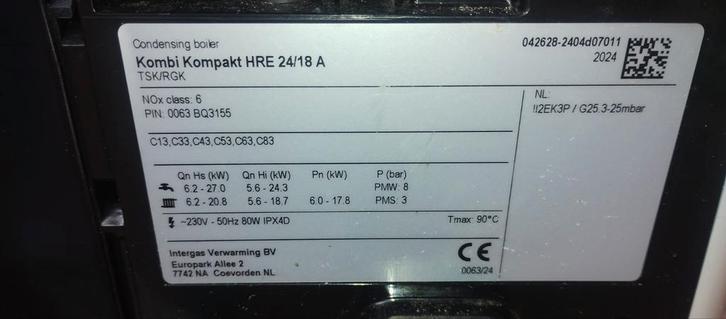 Intergas Hre 24/18 A 19.03.2024 Geplaatst  CW3, Doe-het-zelf en Verbouw, Verwarming en Radiatoren, Zo goed als nieuw, Cv-ketel of Combi-ketel