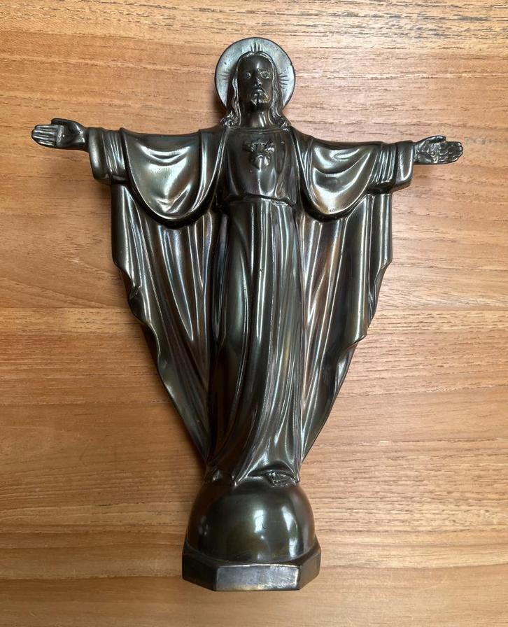 BRONZEN HEILIGHART BEELD VAN CHRISTUS-JEZUS 1950/60 +SOKKEL, Antiek en Kunst, Antiek | Religie, Ophalen of Verzenden