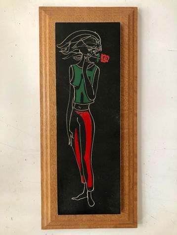 Jaren 60 keramisch wandbord vrouw met roos vintage beschikbaar voor biedingen