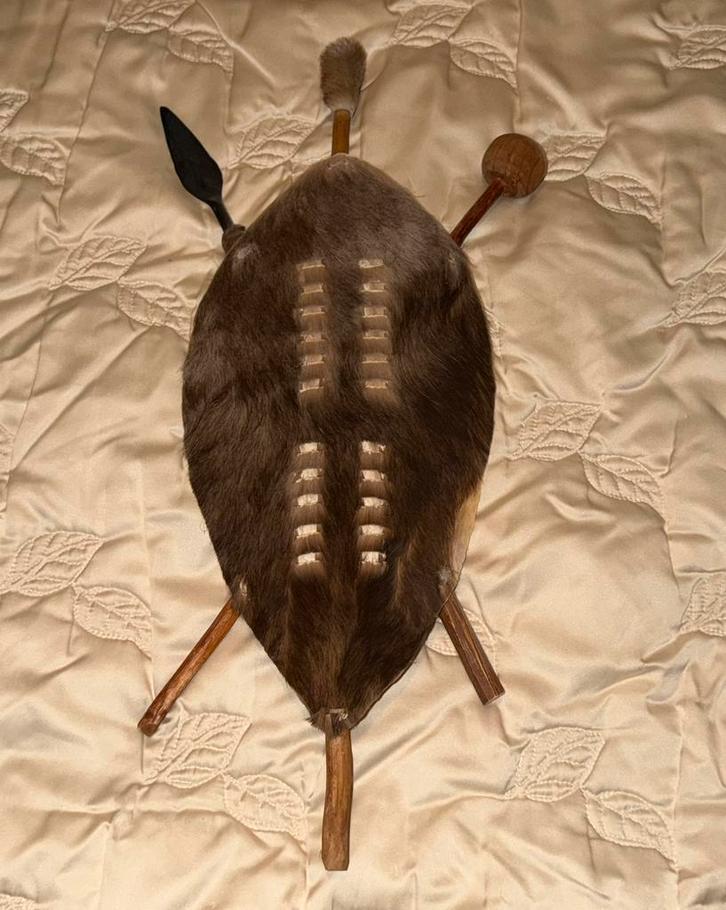 Afrikaans wapenschild - echt haar en huid - 63cm, Antiek en Kunst, Kunst | Designobjecten, Ophalen of Verzenden