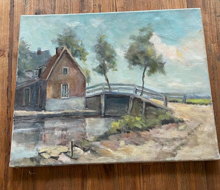 Olieverfschilderij: Huis aan het water met brug, Antiek en Kunst, Kunst | Schilderijen | Klassiek, Ophalen of Verzenden