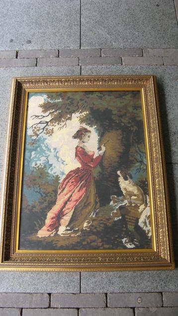 vintage groot geborduurd schilderij vrouw met hond beschikbaar voor biedingen
