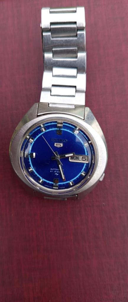 Vintage Seiko 5 Automatic 7019-7200 - Blauwe  1973 r, Staal, Polshorloge, Ophalen of Verzenden, Zo goed als nieuw