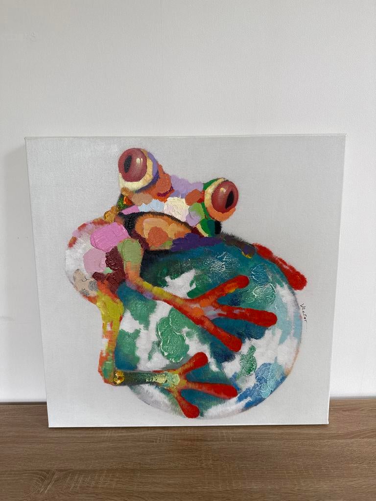 Kleurrijk Schilderij: Boomkikker op Wereldbol 70x70cm, Ophalen