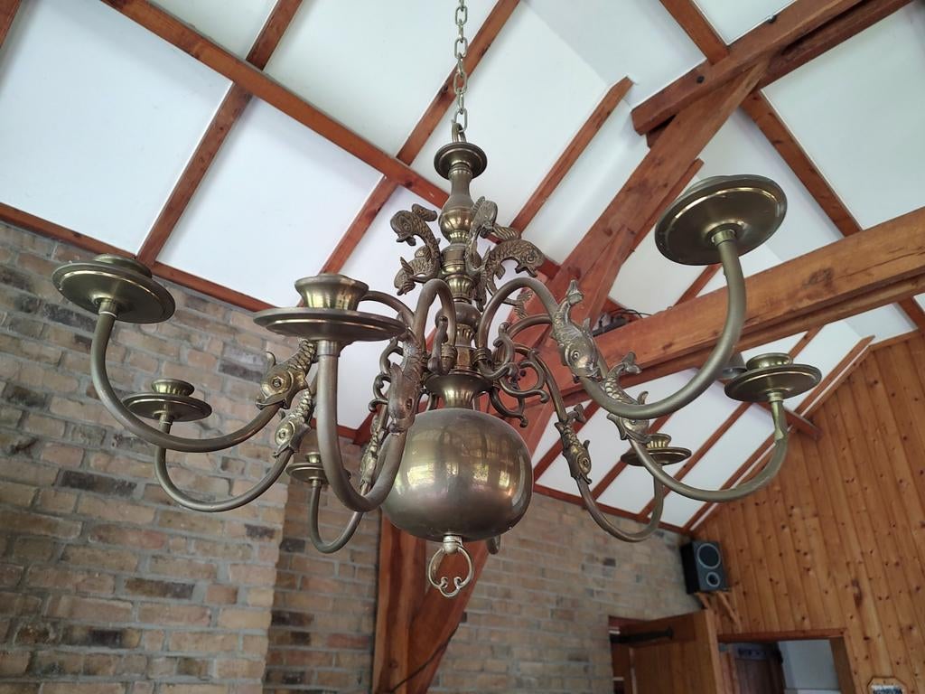 Koperen kroonluchter met 8 armen, voor echte kaarsen., Ophalen