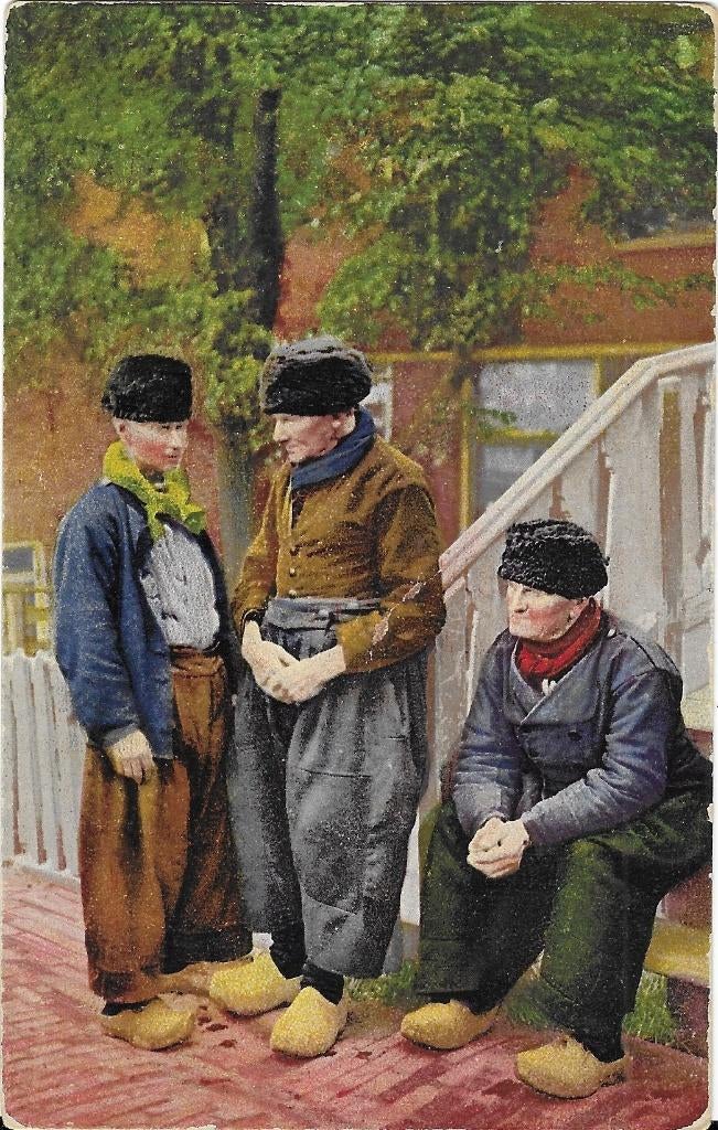 Schilderij, klederdracht, mannen, klompen, mutsen, Verzenden, 1920 tot 1940, Gelopen, Noord-Holland