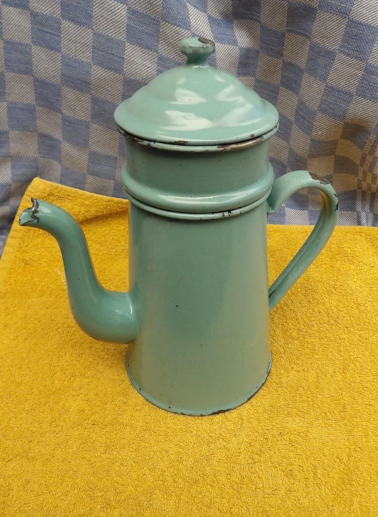 emaille koffiepot/ oude koffiekan met filter/mintgroen email, Antiek en Kunst, Ophalen of Verzenden