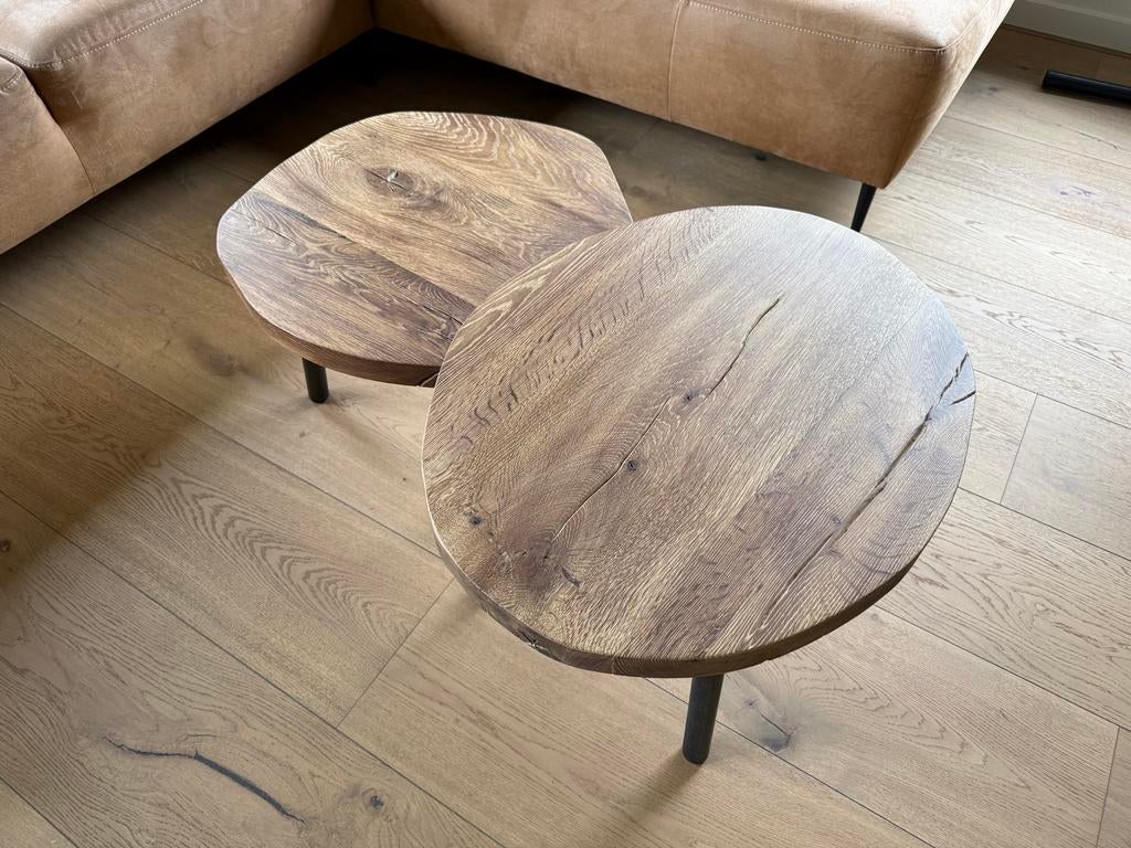 Set van 2 robuuste salontafels met stalen poten, Huis en Inrichting, Tafels | Salontafels, Ophalen, Gebruikt, 50 tot 100 cm, 50 tot 100 cm