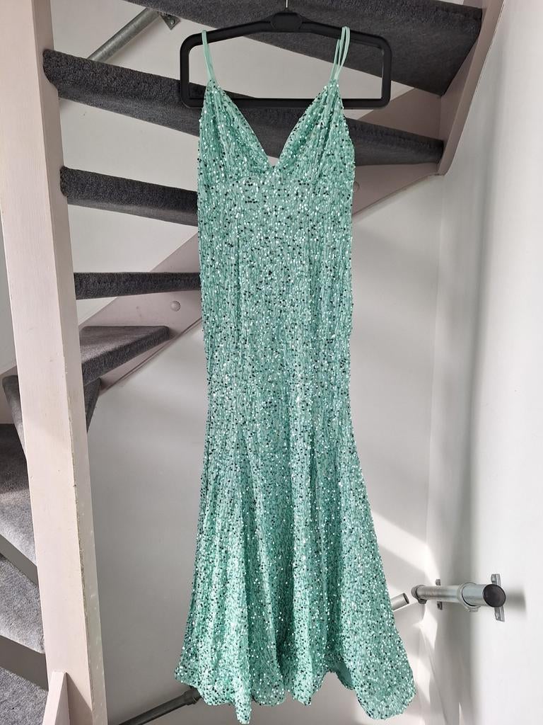 Prachtige zeegroene galajurk met pailletten, maat XL, Ophalen of Verzenden, Zo goed als nieuw, Maat 46/48 (XL) of groter, Groen