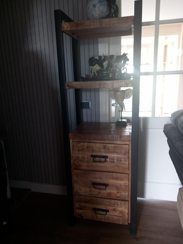 Industriële kast met 3 lades en open vakken mango hout, Overige houtsoorten, Gebruikt, Onbekend, 3 of 4 laden