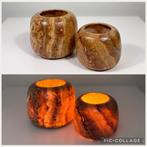 Set van 2 Alabaster Waxinelichthouders, Overige materialen, Nieuw, Ophalen of Verzenden, Bruin