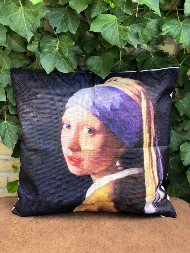 Kussen met 'Meisje met de parel' print | Johannes Vermeer, Huis en Inrichting, Ophalen of Verzenden, Nieuw, Overige kleuren, Vierkant