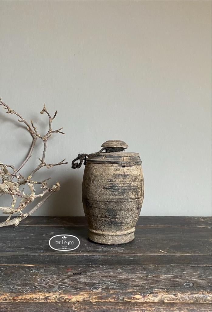 Oude houten kruik met deksel pot hout stoer sober landelijk, Verzenden, Nieuw