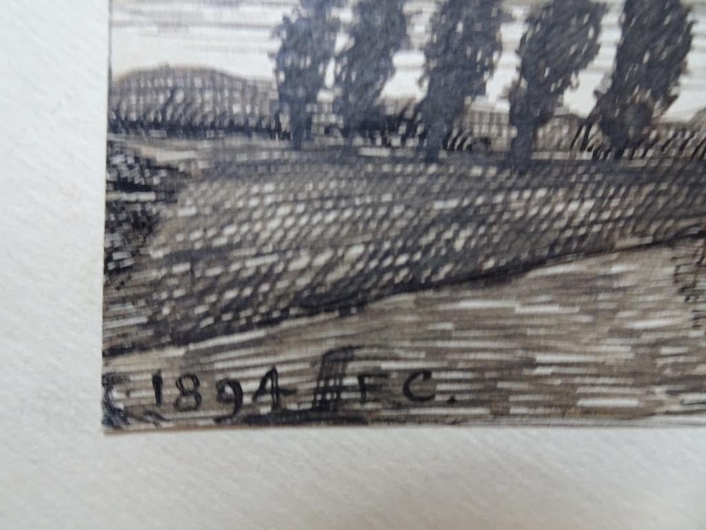 pentekening man vrouw kijkend ondergaande zon 1893, EC, Antiek en Kunst, Verzenden